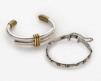 148.  2 Sterling Bracelets: Designer Link Bracelet + Mexico 'Caton' Cuff