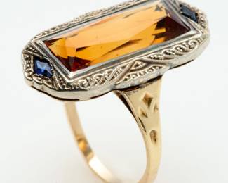 159. 14k Edwardian Citrine Sapphire Ring, Sz. 5.75