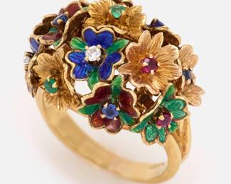 28.  Antique 18k Trembling Enamel Flower Ring w/Diamonds + Gemstones, Signed