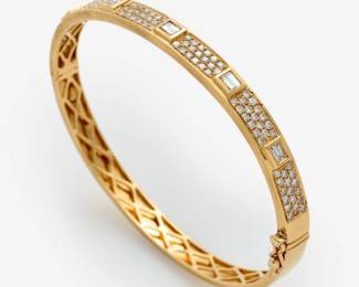 83. 18k Alternating Baguette + Pave Diamond Hinged Bangle, 2.50 ctw.