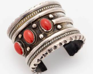 144. Navajo Wide Sterling Asymmetrical Coral Cabochon Cuff