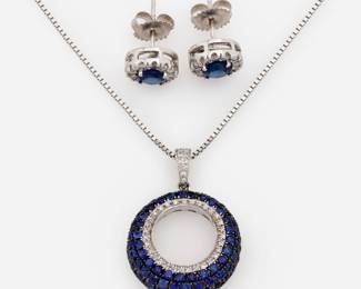 191.  Royal Jewelry 14k Sapphire & Diamond Necklace + Earring Set