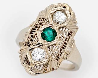 103. 14k Art Deco. Style Emerald and Diamond Filigree Ring, Sz 6.25