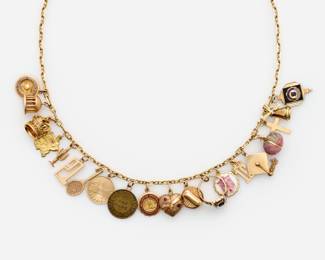 70.  14k Anchor Chain Charm Necklace w/ Gold Charms, 53.9 dwt