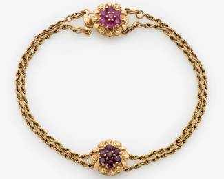 158. 14k Vintage Flower Ruby Slide Bracelet w/ Matching Clasp, by KLJCI