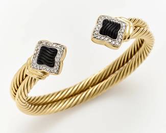 3. 18k David Yurman Quatrefoil Onyx & Diamond Double Cable Cuff