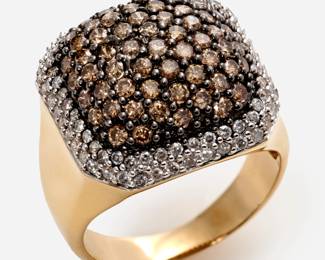 44. 14k Diamond Pave Domed Ring w/ Cognac + White Diamonds