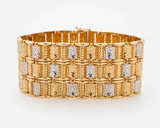 15.  Two-Tone 14k Wide Bracelet w/ Etched Geometric Pattern, 30.6 dwt.