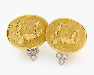 95. 18k Greek Coin Style Earrings w/ Diamonds