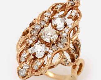 67.  Antique 14K Diamond Cluster Navette Shaped Ring w/ Old Mine Cuts