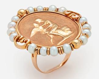 119. 14k Tagliamonte Italian Ring w/ String of Pearl + Gold Beads
