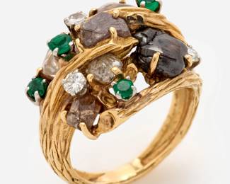 57. 18k Rough + Cut Diamond Emerald Ring Attributed to Peter Lindeman
