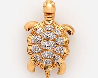 221. 14k Articulating Turtle Pin / Pendant with Diamond Accents 