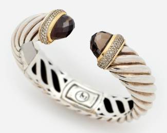 54. David Yurman Waverly Diamond + Smokey Quartz Hinged Cuff, Ster. + 18k