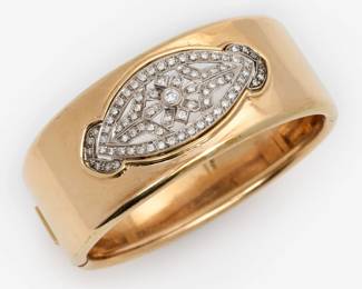 92. 14k Wide Bangle Bracelet w/ Diamond 18k Open Filigree Top