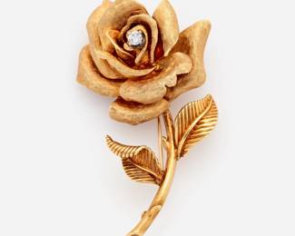 59. 14k Rose Brooch w/ Center Diamond by David Trabich 
