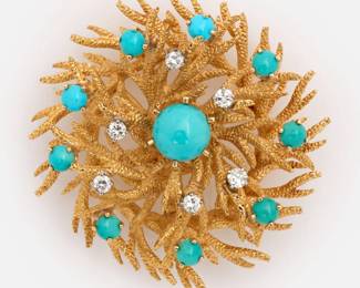 14. 14k Turquoise + Diamond Circular Branch Style Brooch