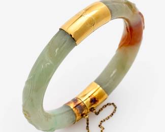 147. 14k Jade Hinged Bangle w/ Floral Carved Design 