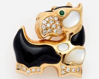 161. Designer 14k Scottie Dog Brooch/Pendant Diamond + Gemstone Inlay 