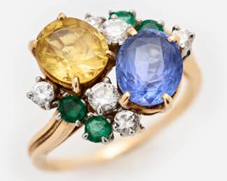 21. Oscar Heyman Sapphire Diamond Emerald Cocktail 18k Plat. Ring, Sz. 6.5