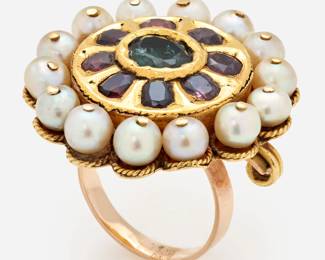 215. 14k / 22k Indian Mughal Style Tourmaline + Pearl Ring