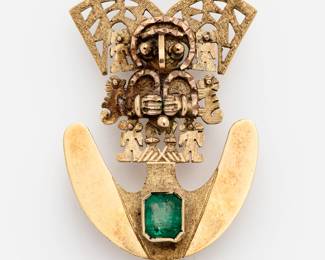 146.  Vintage 18k + Emerald Aztek Mayan God "Tumi" Pendant/Pin