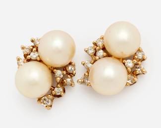 130. 14k Pearl + Diamond Cluster Stud Earrings, T&C