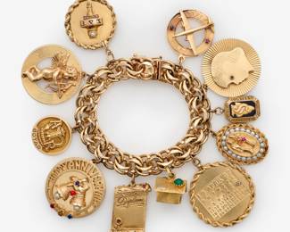 196.  14k Heavy Charm Bracelet w/ Diamonds and Gemstones, 84.1 dwt