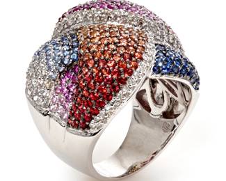 135. 14k Rainbow Sapphire + Diamond Pave' Domed Ring by Burdick and Co.