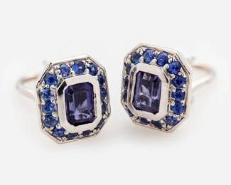155. 18k Designer Iolite + Sapphire Cluster Earrings