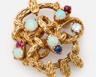 58.  Peter Lindeman Opal, Diamond, Ruby, Sapphire 18k Brooch
