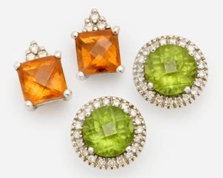 230. 2 Pairs EMA 14k Gemstone Diamond Earrings: Citrine + Peridot 