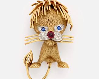 43. 14k Vintage 1970s Tousle-Headed Lion Brooch w/ Diamonds + Gemstones