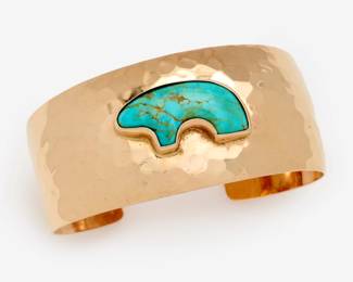 85. 'Mama Bear' Hammered 14k Cuff w/ Turquoise by The Golden Bear, Vail CO.