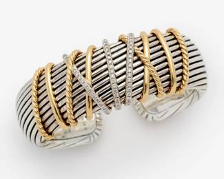 52. David Yurman Diamond Helena Cuff Bracelet, Sterling + 18k