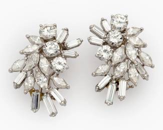 79.  Vintage Platinum Diamond Cluster Earrings, 6.10 ctw