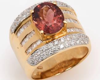 77. 14k Wide Diamond Band Set with Large Oval Tourmaline, sz. 8