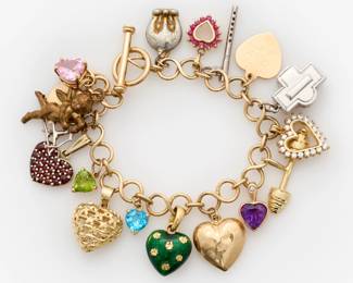 168. 14k Heart Themed Charm Bracelet w/ Gemstones