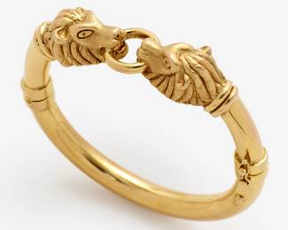 93. 14k Italian Double Headed Lion Hinged Bangle Bracelet by Anfora