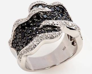 154. 14k Black + White Diamond Pave Ring w/ Organic Wave Design, 2.0 ctw