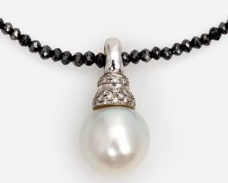 116. 18k South Sea Pearl + Diamond Pendant on Black Diamond Bead Necklace 