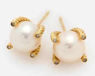 19. 18k David Yurman Pearl + Diamond Cable Motif Earrings