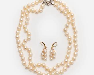 195. 14k Double Strand Cultured Pearls w/ Vintage Diamond Clasp + Earrings