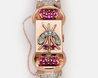 120. 14k Retro Diamond Ruby Hidden Swiss Watch