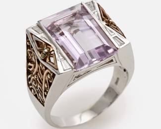 132.  14k Two-Tone Kunzite + Diamond Designer Ring w/ Filigree Sides, 'SR'