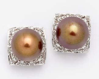 90. 18k Chocolate Pearl + Diamond Stud Earrings