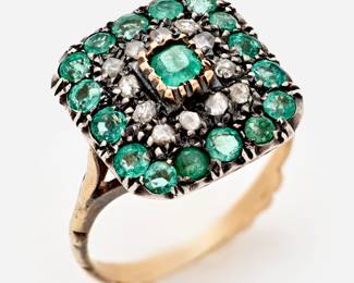 122. Georgian Yellow Gold Emerald Diamond Ring, Sz.5.25