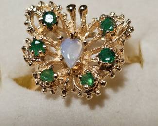 14kt Gold Opal ,Emerald Butterfly Ring