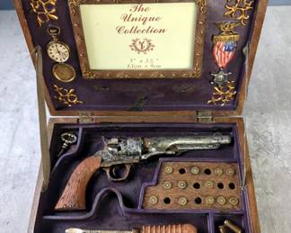 Painted Molded Resin Decorative Box Of Revolver, Bullets, Tools, Medal, And More 