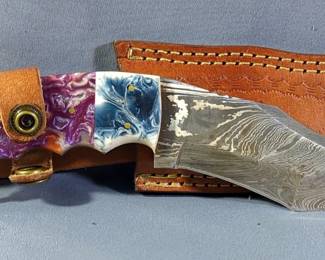 Custom Damascus Fixed Blade Karambit Knife, Approx 4.5" Blade, In Tooled Leather Sheath